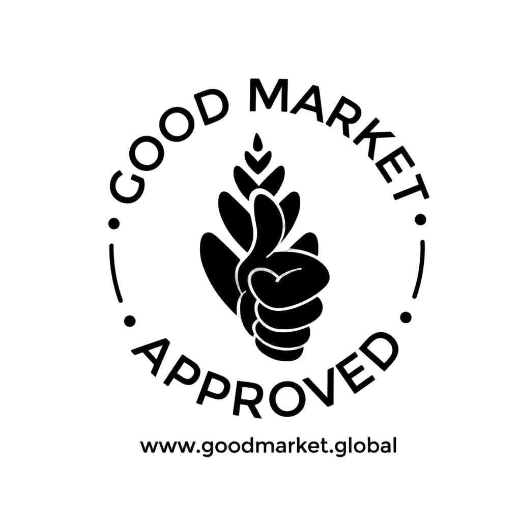 Good Market Approved logo with a hand giving a thumbs up and leaves, on a white background.