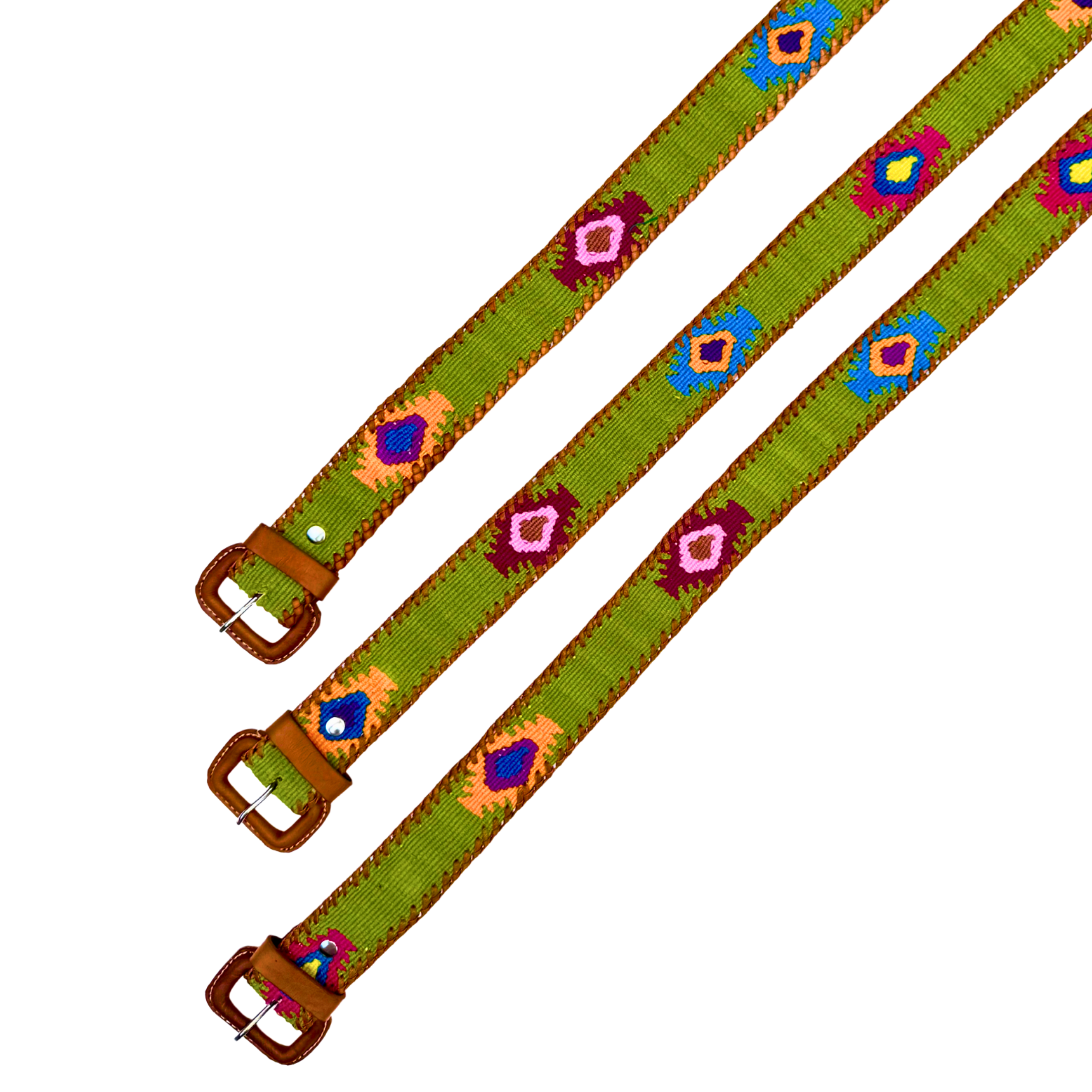 Green belt with colorful diamond patterns and brown buckle on a white background