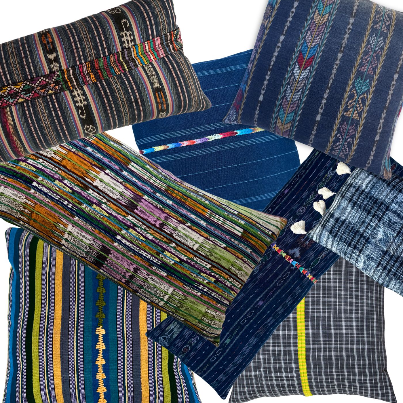 Collection of patterned corte pillows with various designs on a white background