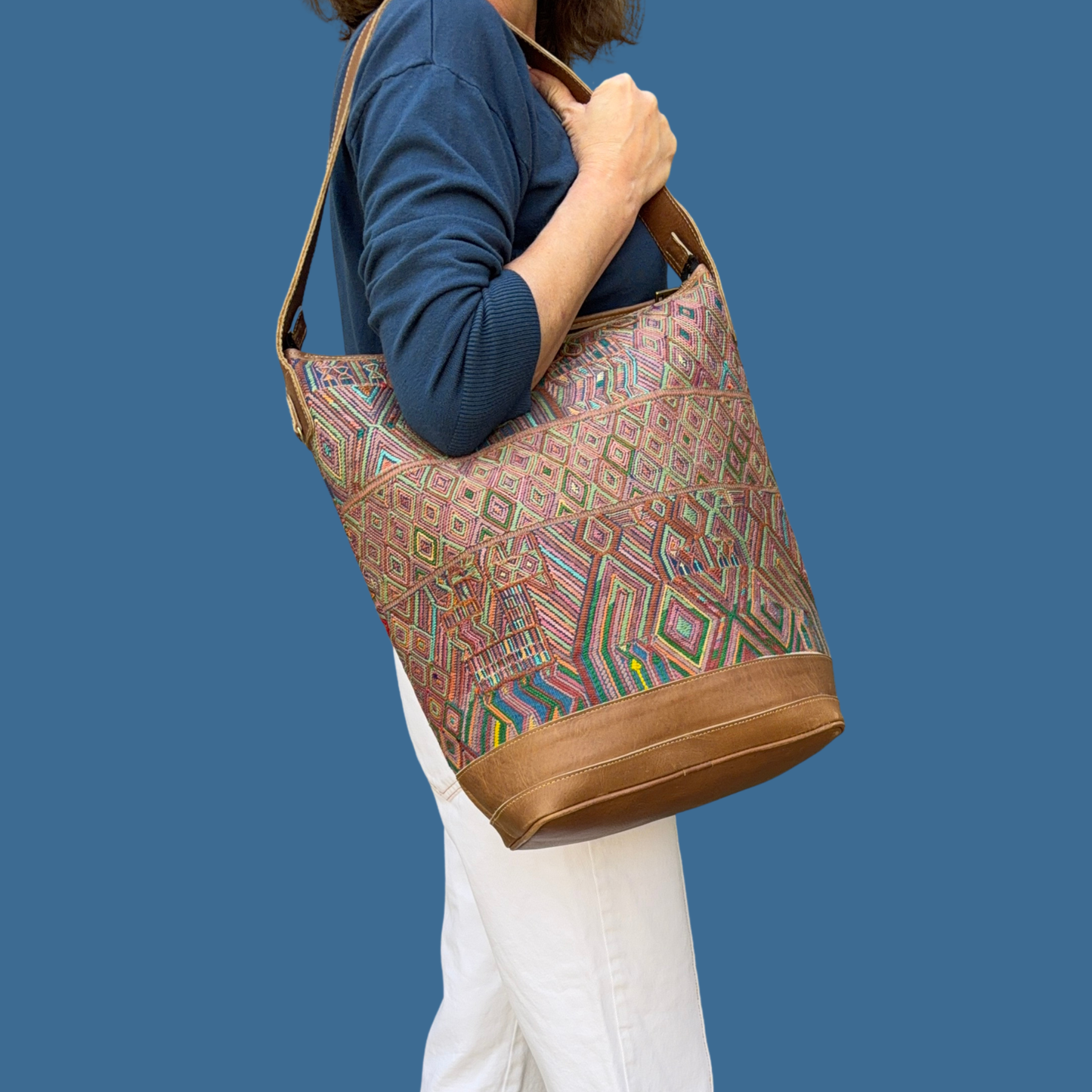 Huipil Bucket Bag - Handcrafted Vintage Mayan Textile & Leather Tote