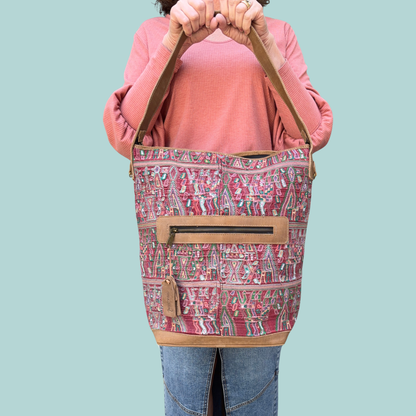 Huipil Bucket Bag - Handcrafted Vintage Mayan Textile & Leather Tote