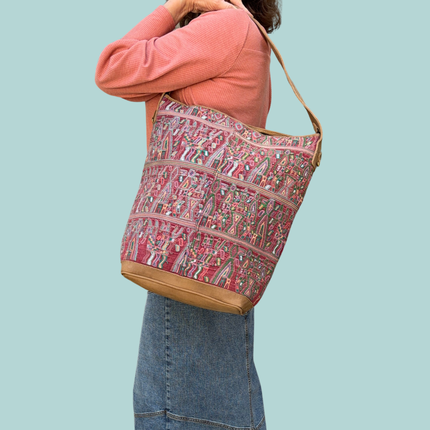 Huipil Bucket Bag - Handcrafted Vintage Mayan Textile & Leather Tote