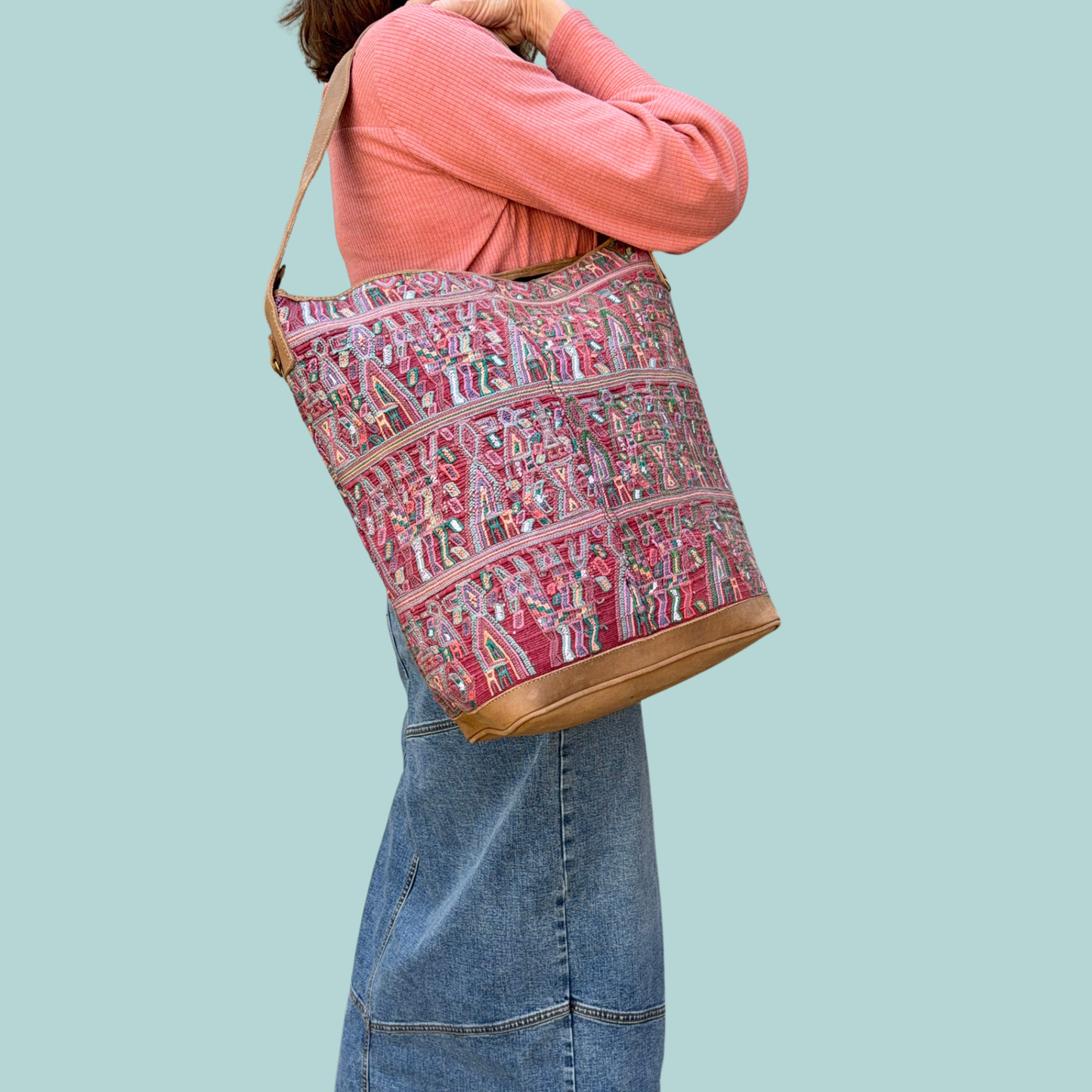 Huipil Bucket Bag - Handcrafted Vintage Mayan Textile & Leather Tote