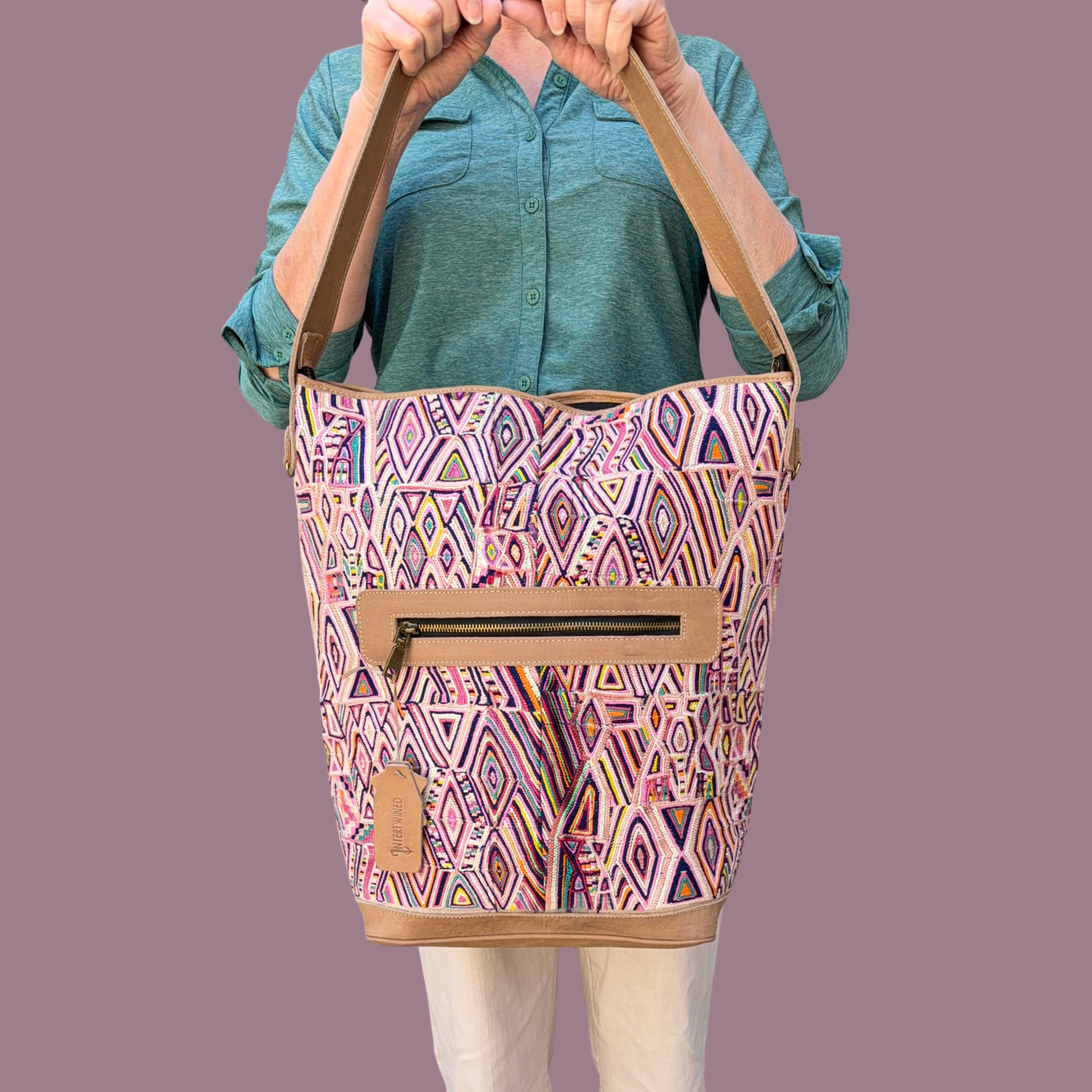 Huipil Bucket Bag - Handcrafted Vintage Mayan Textile & Leather Tote