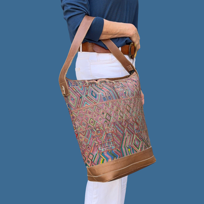 Huipil Bucket Bag - Handcrafted Vintage Mayan Textile & Leather Tote