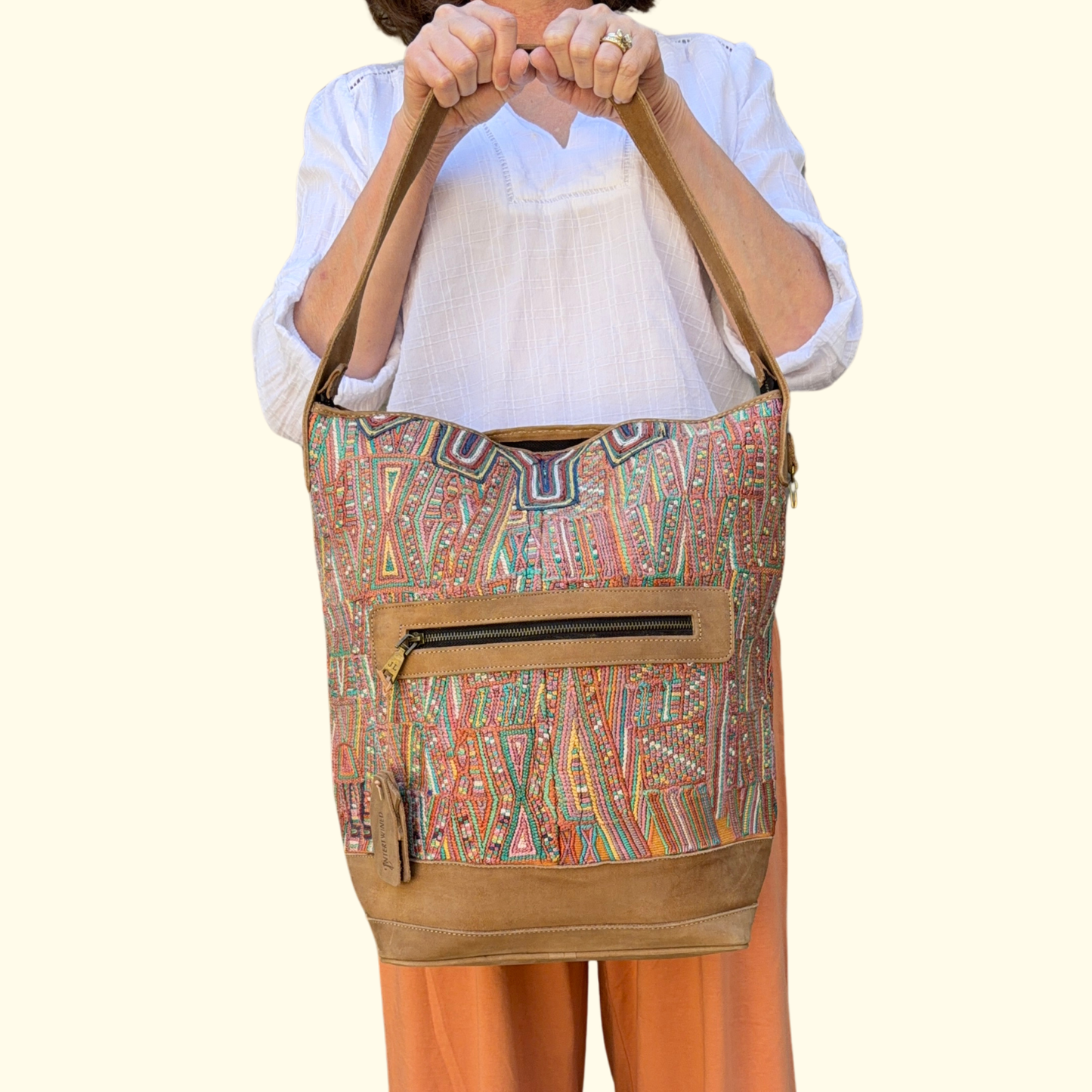 Huipil Bucket Bag - Handcrafted Vintage Mayan Textile & Leather Tote