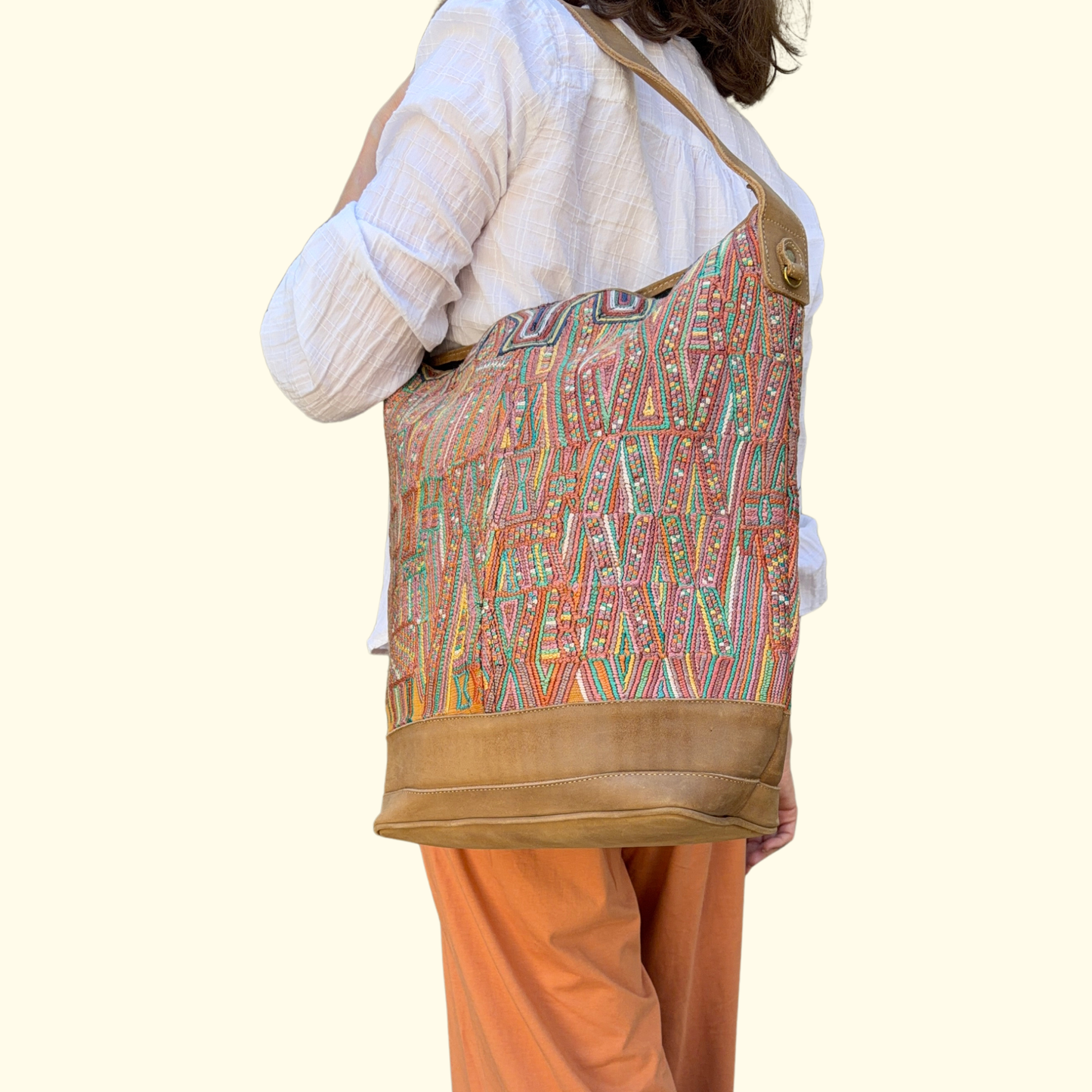 Huipil Bucket Bag - Handcrafted Vintage Mayan Textile & Leather Tote