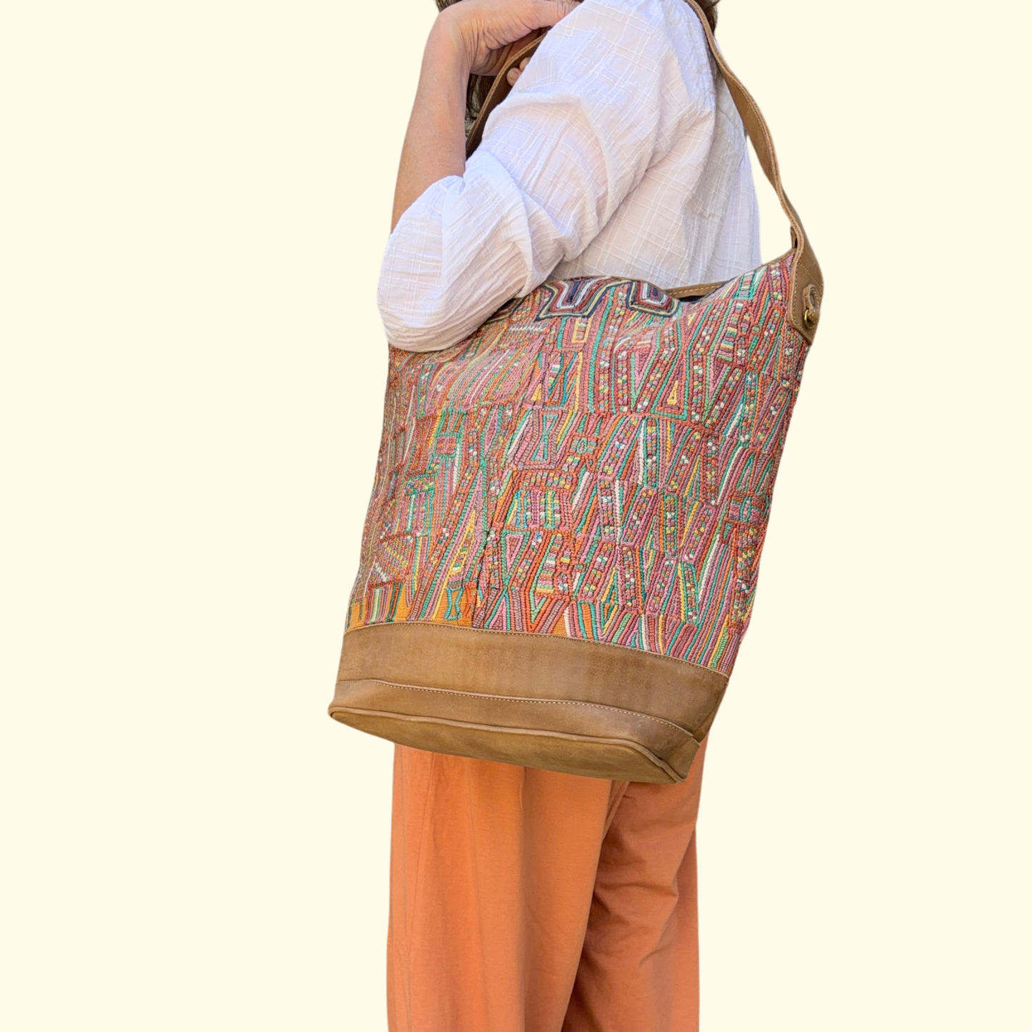 Huipil Bucket Bag - Handcrafted Vintage Mayan Textile & Leather Tote