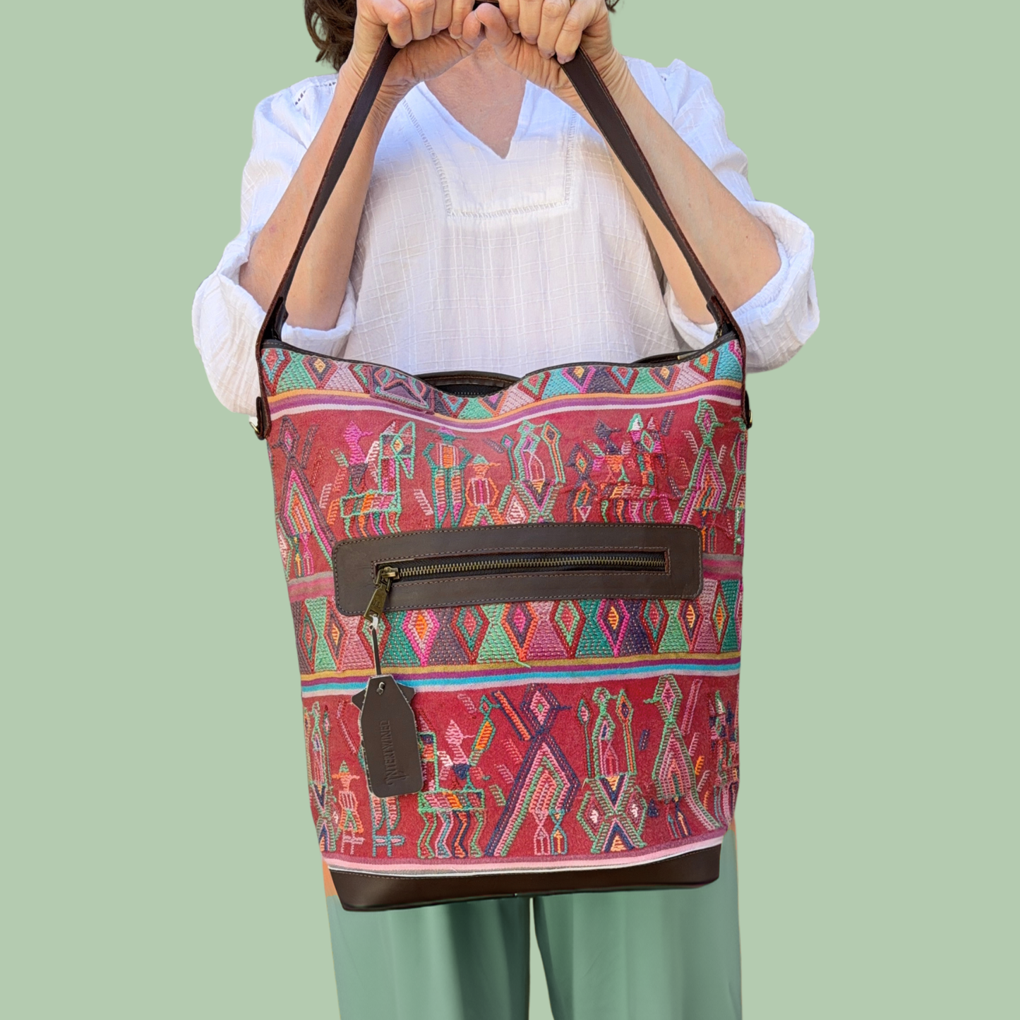 Huipil Bucket Bag - Handcrafted Vintage Mayan Textile & Leather Tote