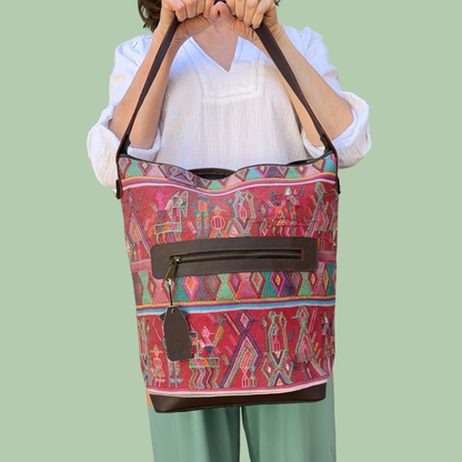 Huipil Bucket Bag - Handcrafted Vintage Mayan Textile & Leather Tote