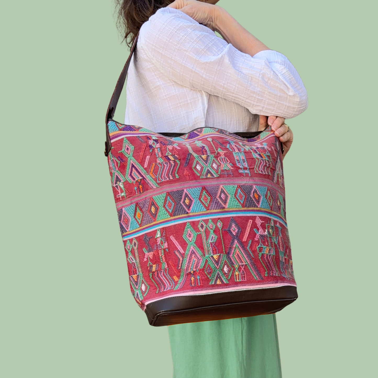 Huipil Bucket Bag - Handcrafted Vintage Mayan Textile & Leather Tote