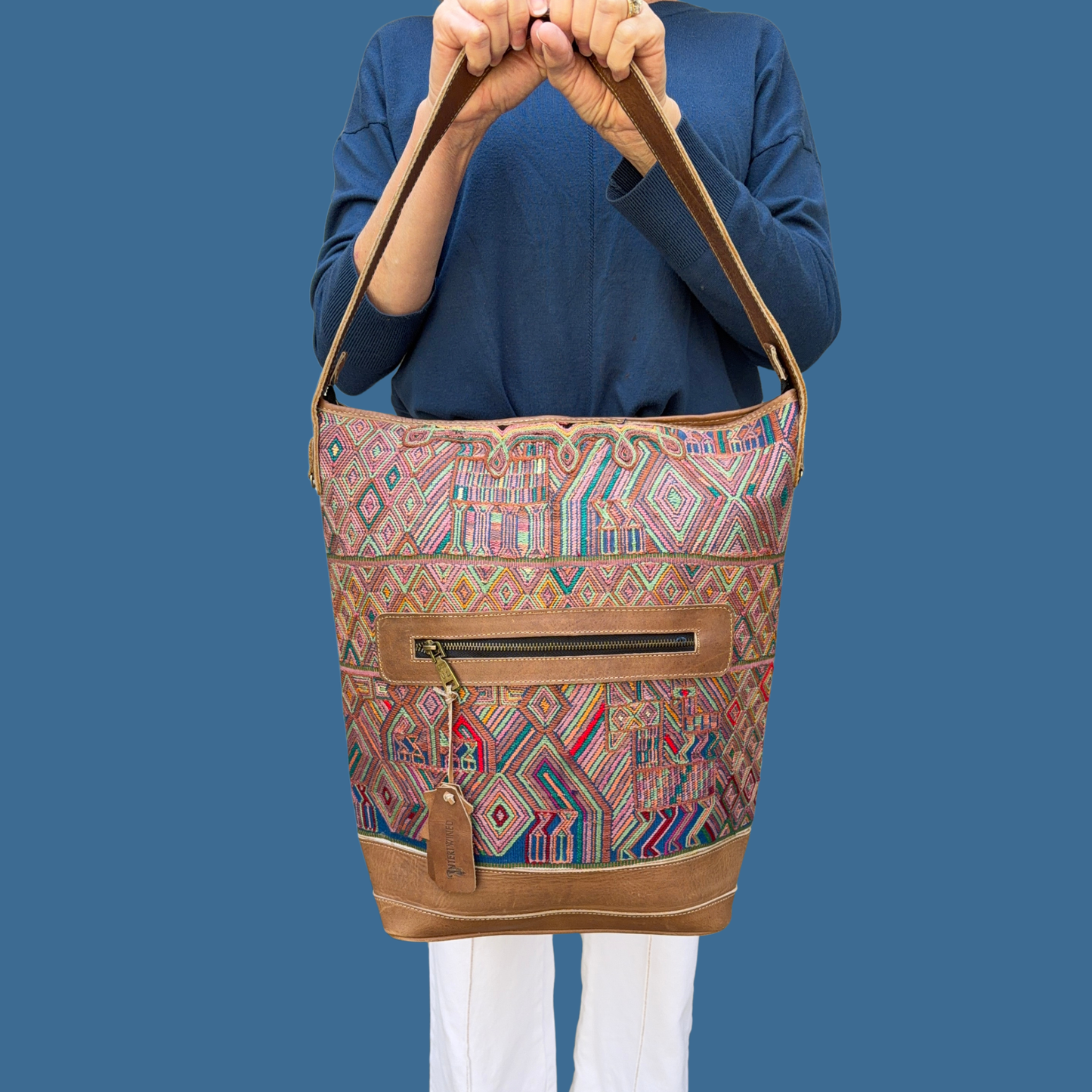 Huipil Bucket Bag - Handcrafted Vintage Mayan Textile & Leather Tote