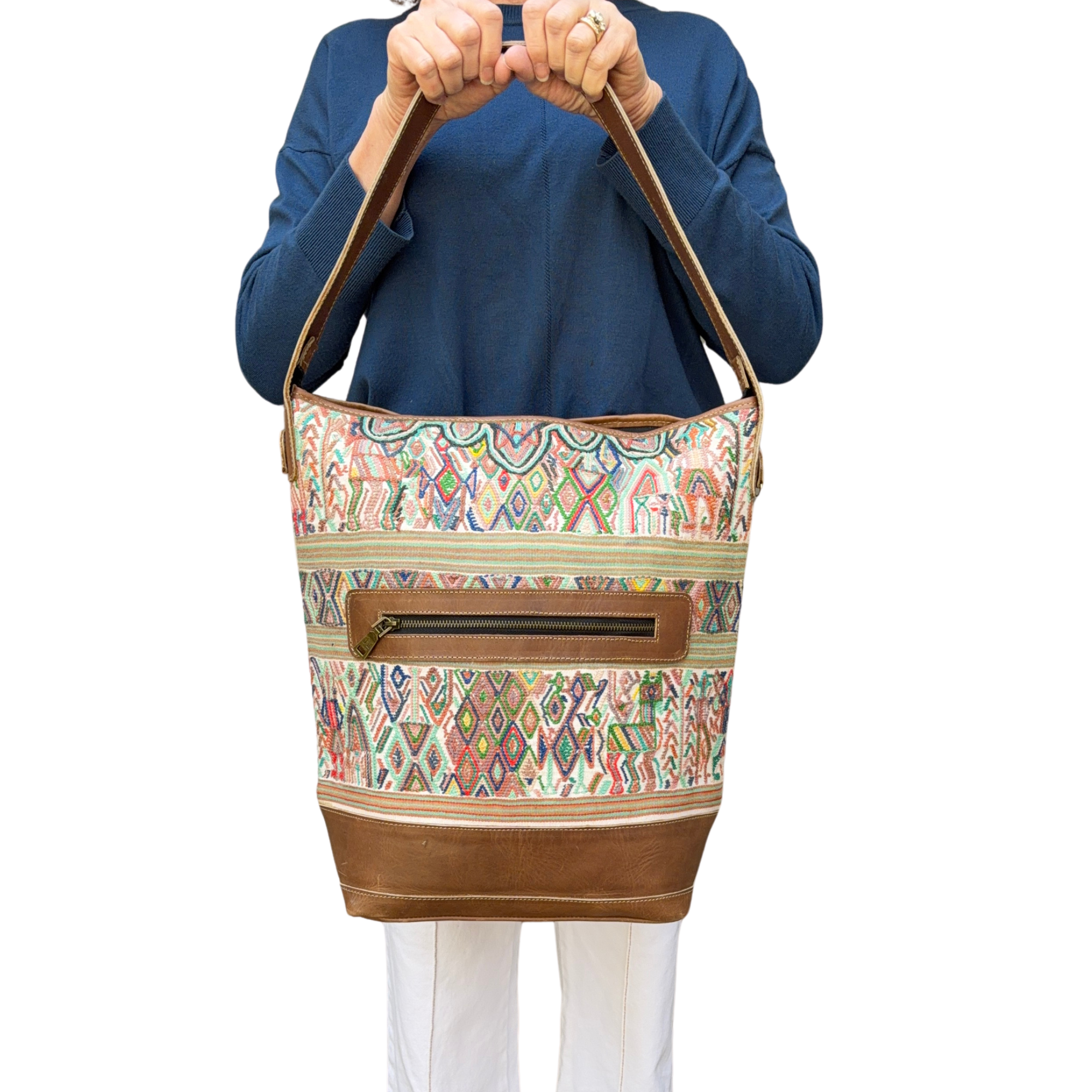 Huipil Bucket Bag - Handcrafted Vintage Mayan Textile & Leather Tote