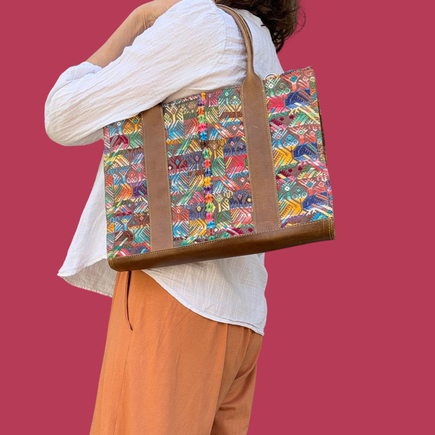 Handwoven Vintage Huipil Leather Tote