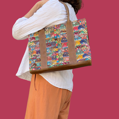 Handwoven Vintage Huipil Leather Tote
