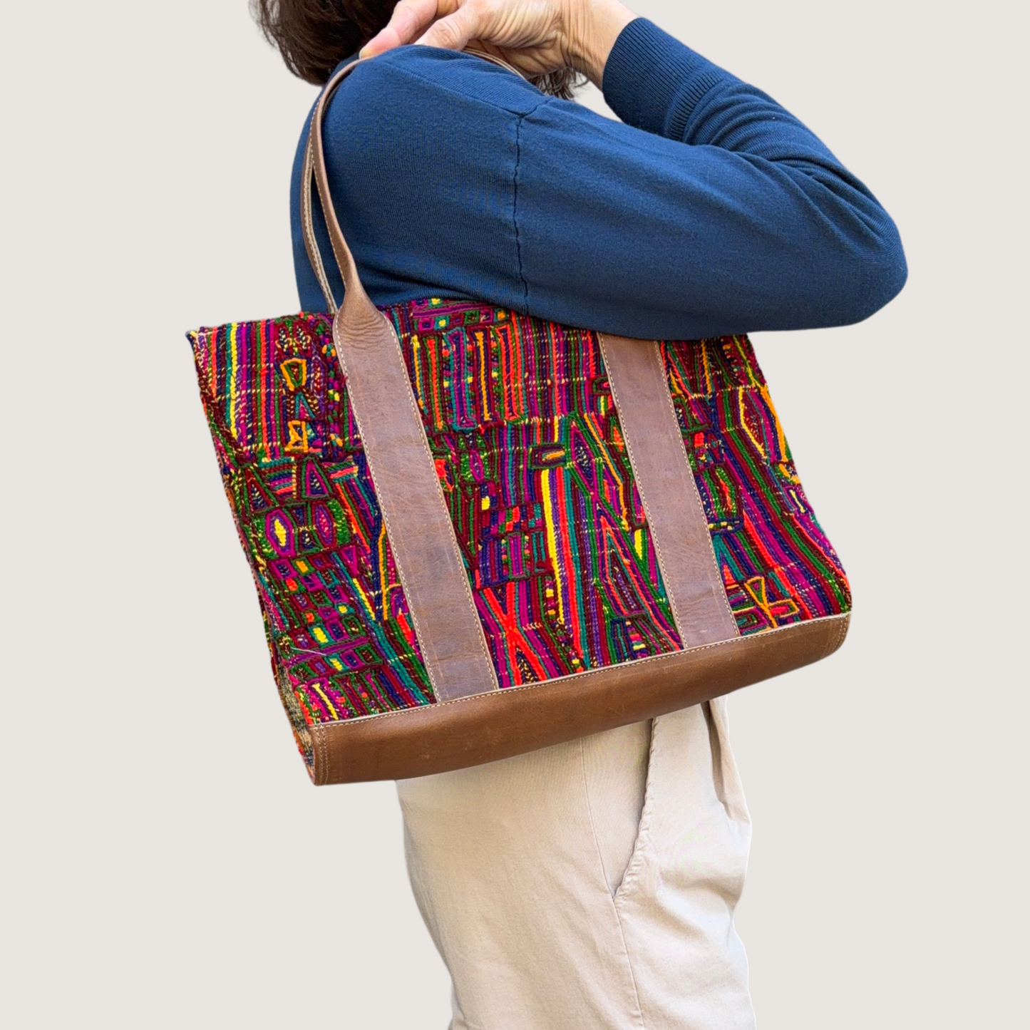Handwoven Vintage Huipil Leather Tote