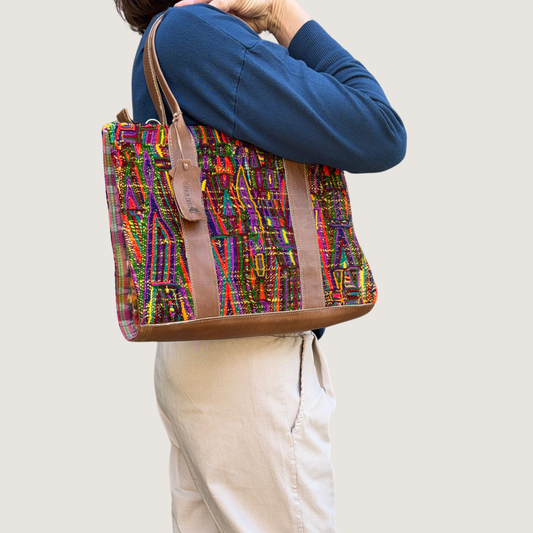 Handwoven Vintage Huipil Leather Tote
