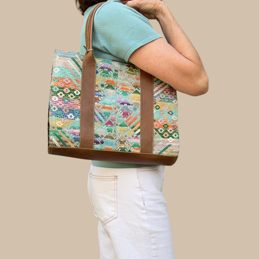 Handwoven Vintage Huipil Leather Tote