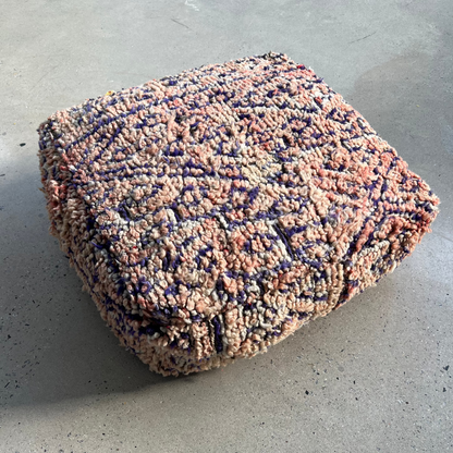 Moroccan Vintage Wool Rug Pouf - Navy Tan Rose