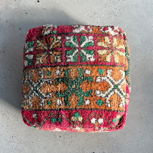 Moroccan Vintage Wool Rug Pouf - Red Orange Green