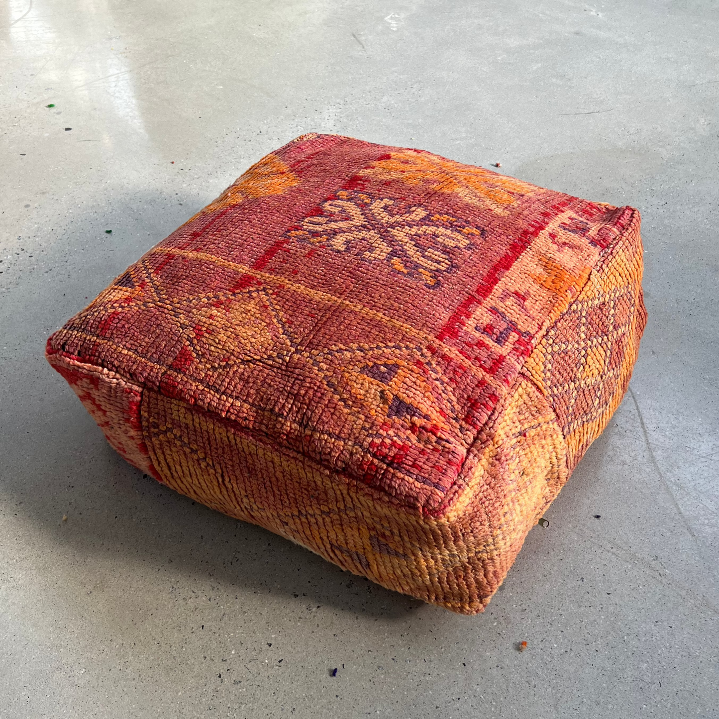 Moroccan Vintage Wool Rug Pouf - Terra Cota & Orange - side