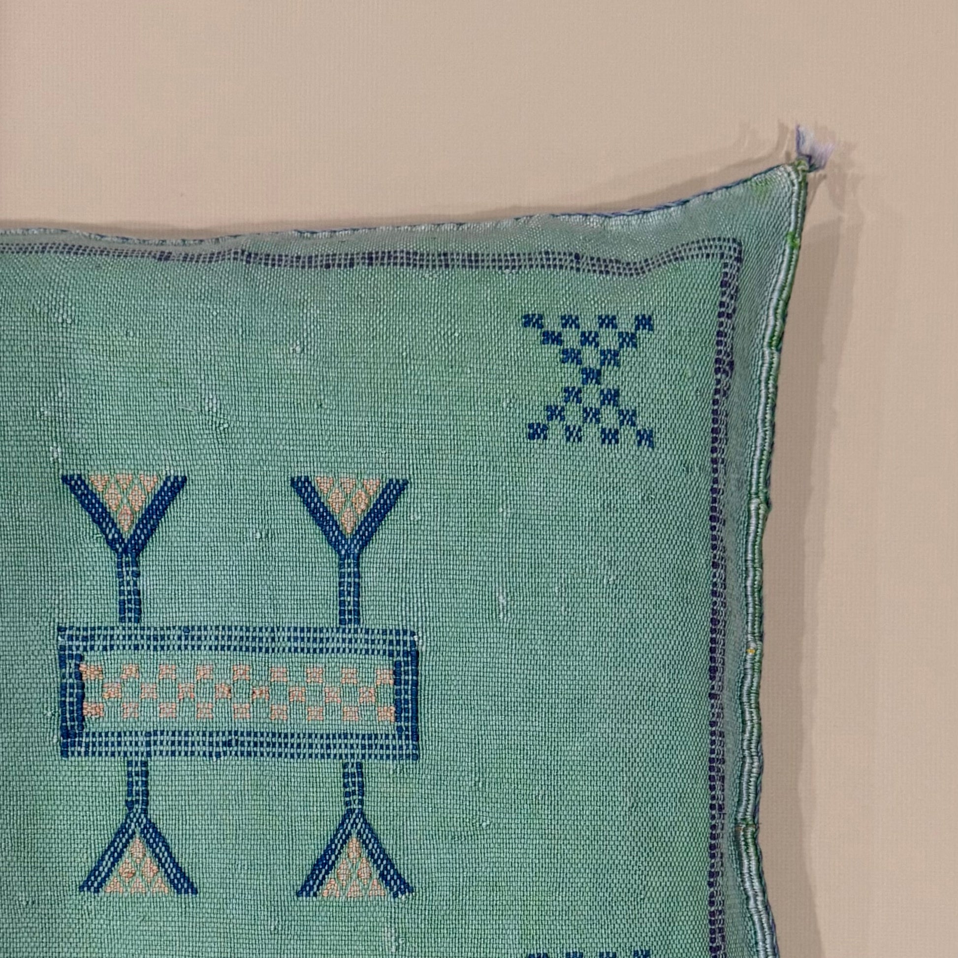 Muted Green Sabra Cactus Silk Pillow - Handwoven in Morocco