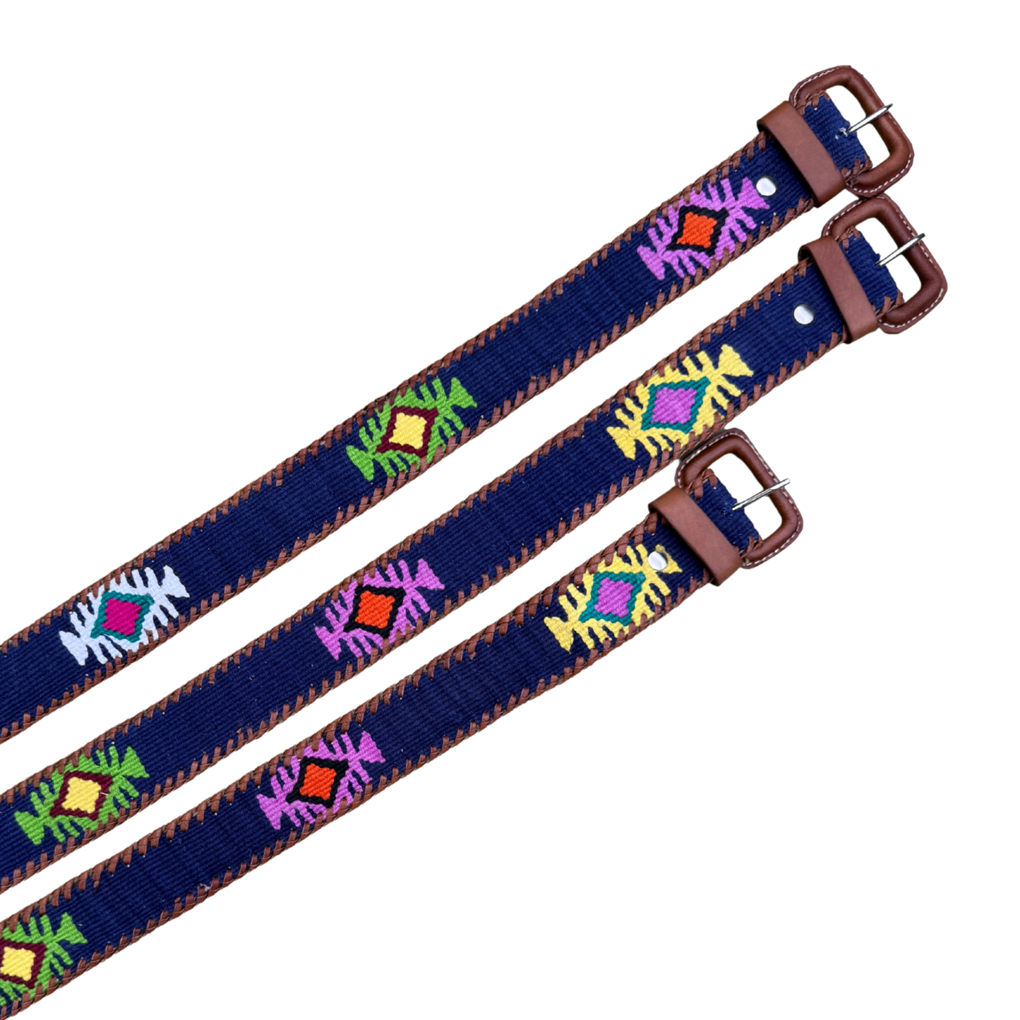 Two embroidered belts with colorful patterns on a white background