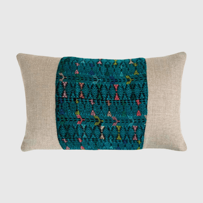 Green Huipil and Hemp Pillow on a light gray background - Intertwined: Handmade for Good
