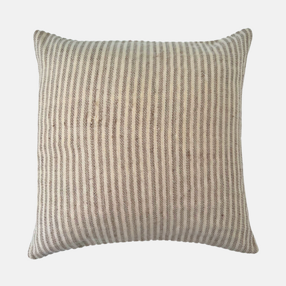 Light brown striped nettle pillow on white background - Intertwined: Handmade for Good