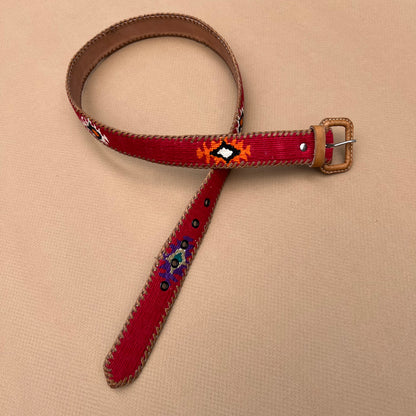 Red Guatemalan Handwoven Belt with Leather Whip-stitched Trim and Back