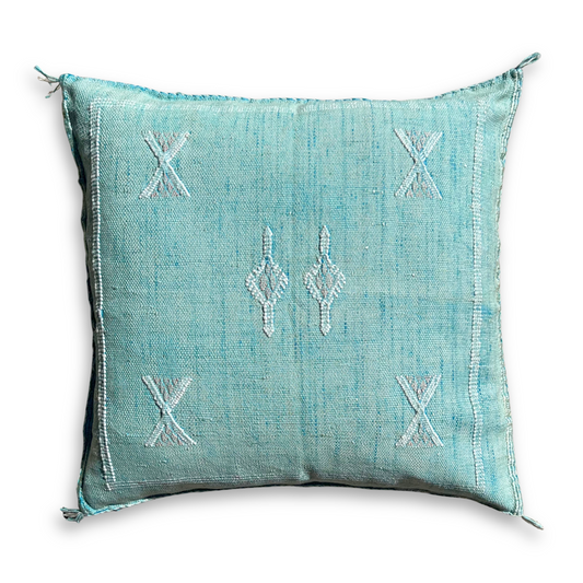 Seafoam Blue Sabra Cactus Silk Kilim Pillow Cover | Handwoven Moroccan Home Decor