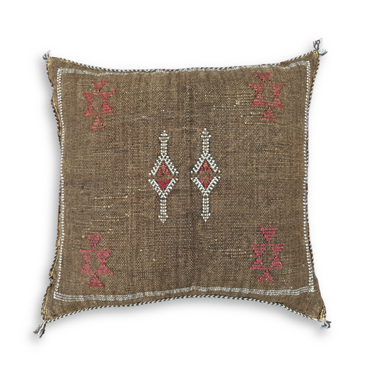 Brown Sabra Cactus Silk Kilim Pillow Cover | Handwoven Moroccan Home Decor