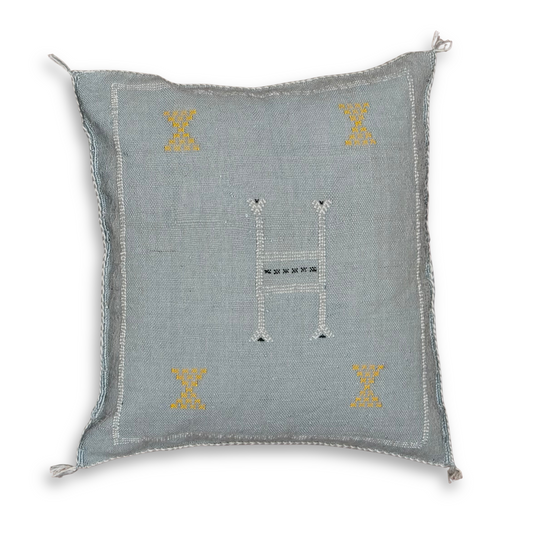 Blue-Grey Sabra Cactus Silk Kilim Pillow Cover | Handwoven Moroccan Home Decor
