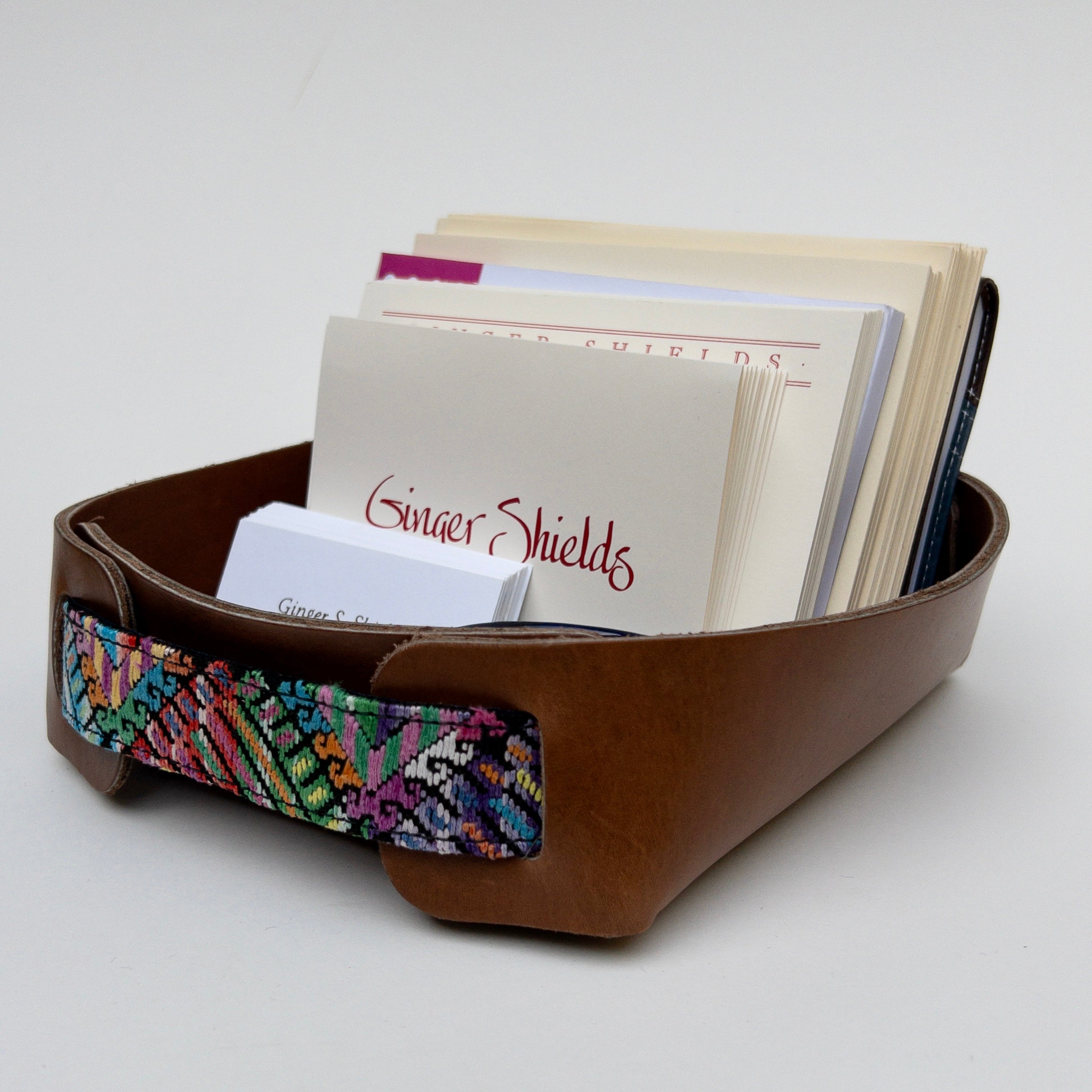 Leather Valet Tray with Huipil Accent