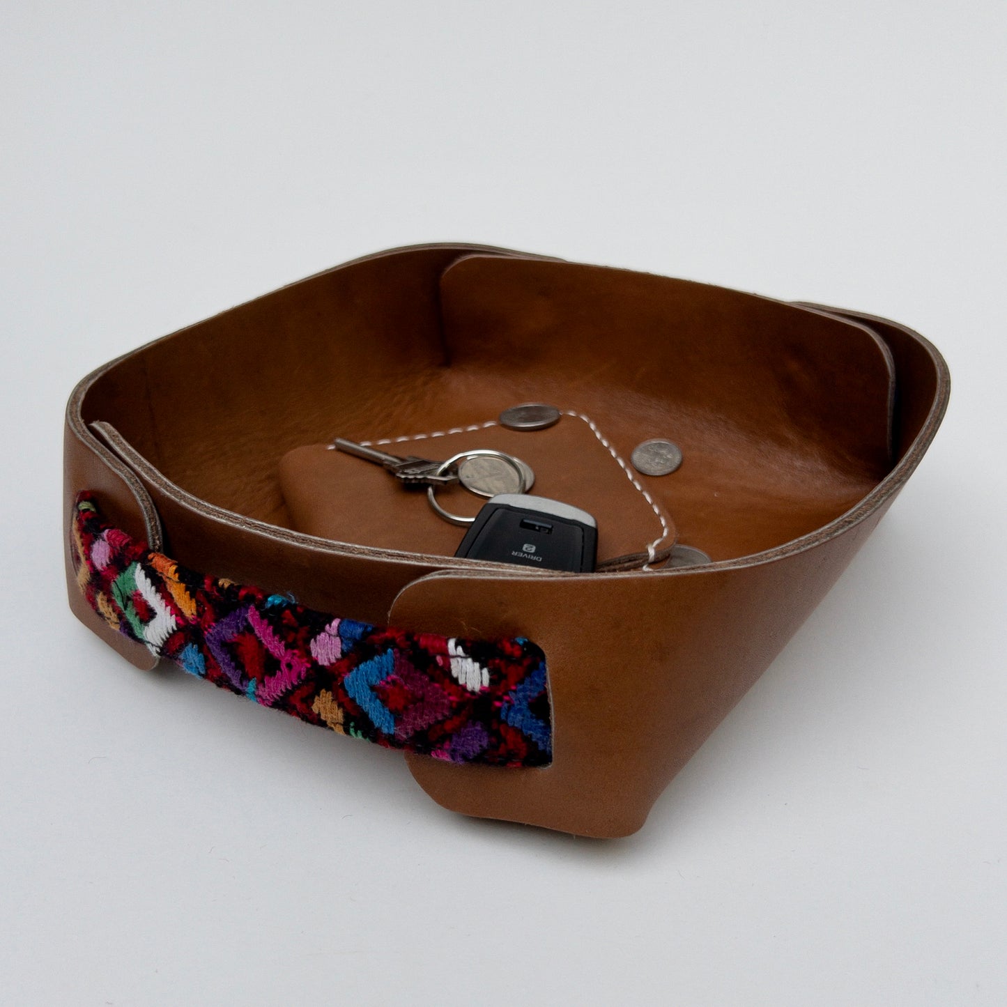 Leather Valet Tray with Huipil Accent
