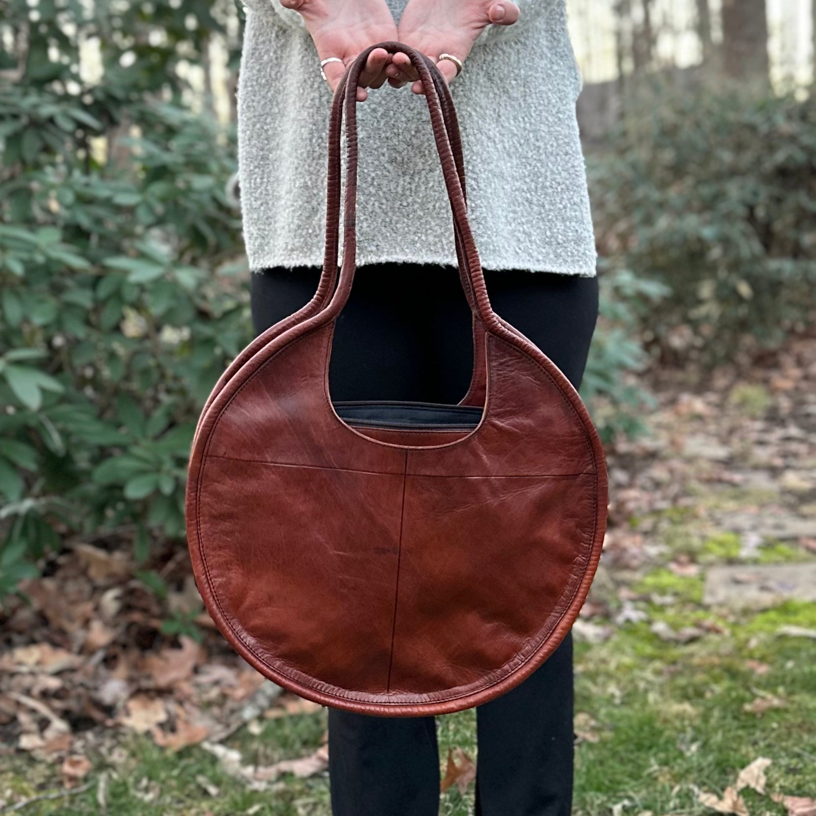 Cognac Leather Circle Bag | Handmade Moroccan Leather Cognac Leather Circle Bag | Handmade Moroccan Leather