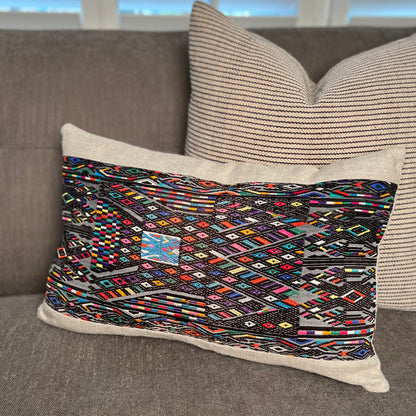 Black multicolor Huipil and Hemp Pillow on couch - Intertwined: Handmade for Good